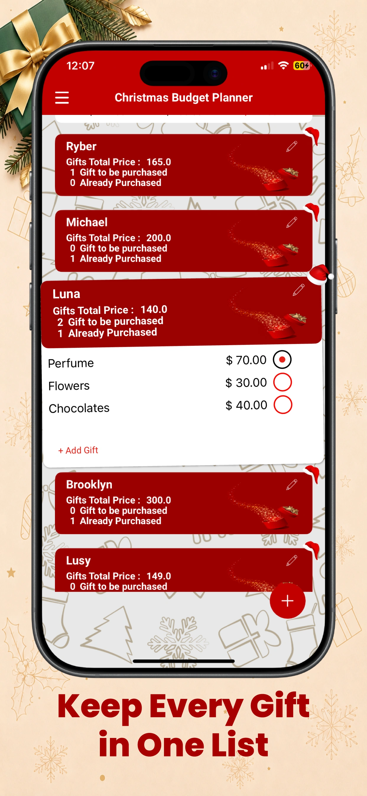 Christmas Budget Planner budget screen