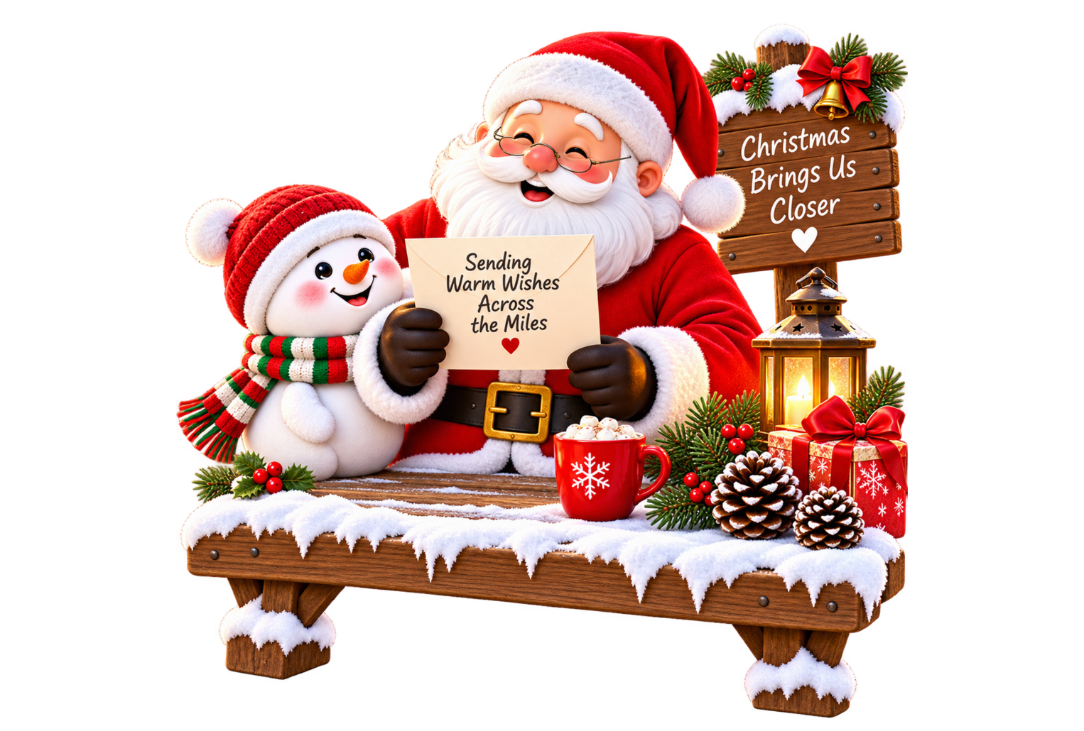 Santa Claus and Snowman Sending Warm Wishes Across the Miles